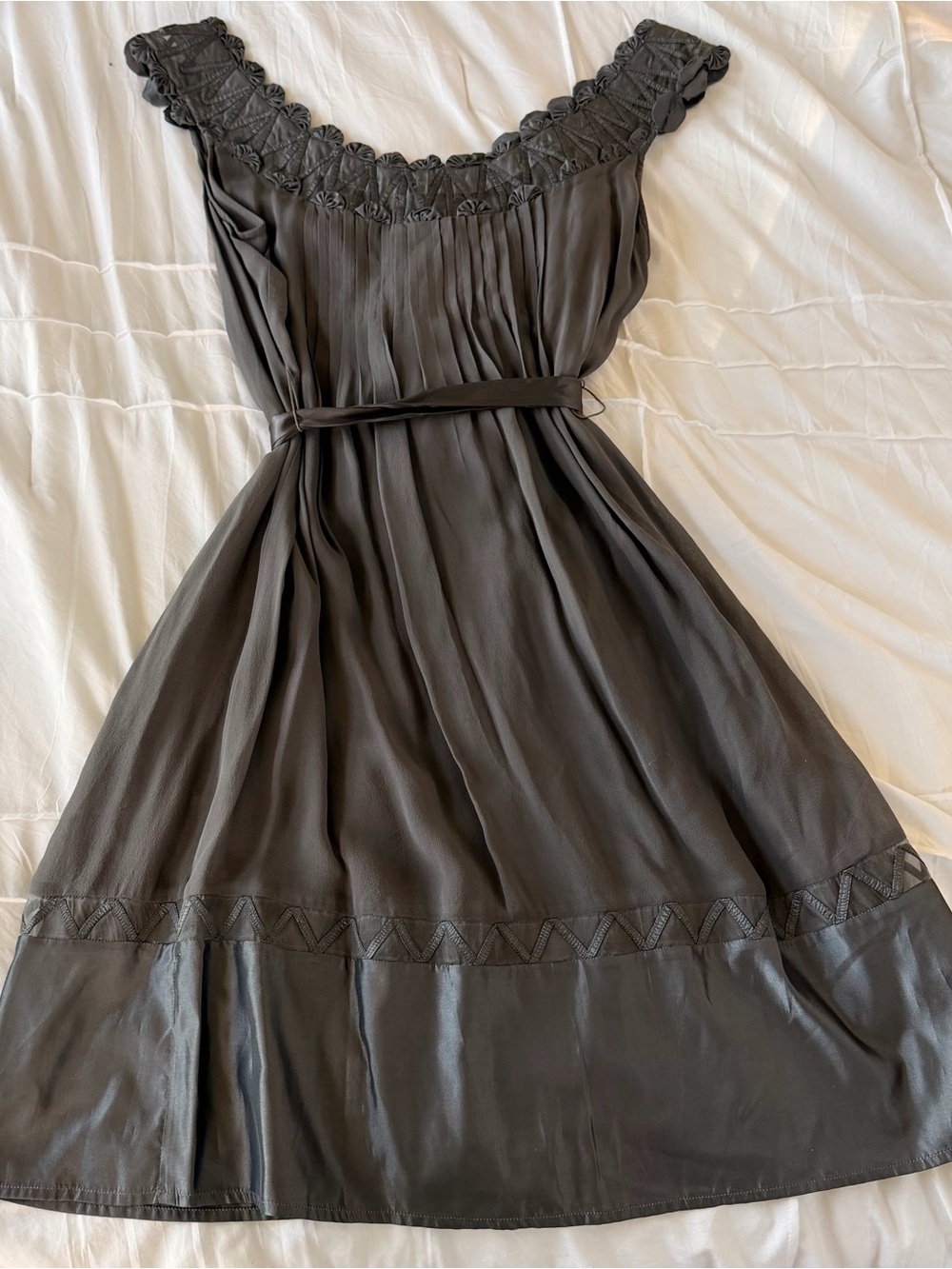 Yoana Baraschi Grey Pleated Midi Dress with Scalloped Neckline